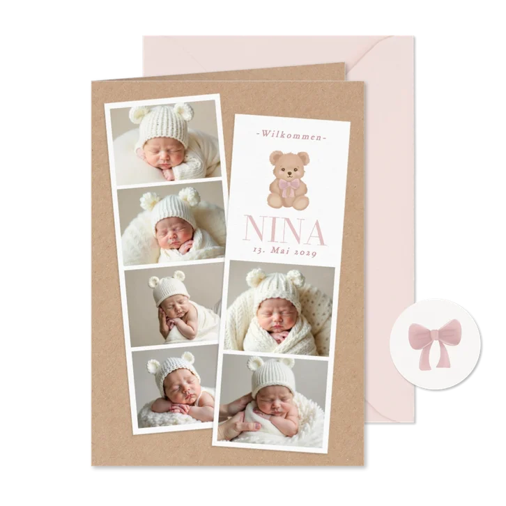 Geburtskarte Fotostrips rosa Teddybär