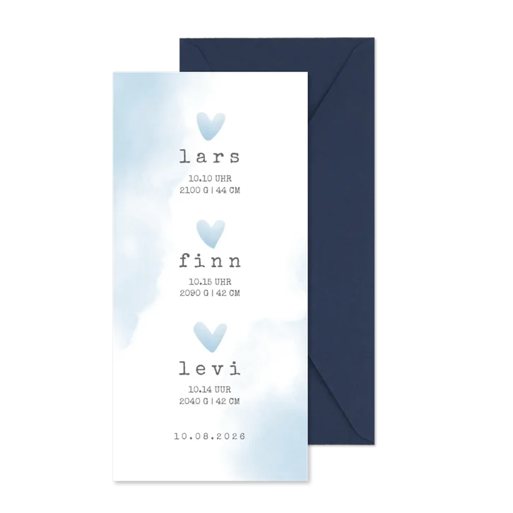Geburtskarte für einen Drilling blaue Herzen