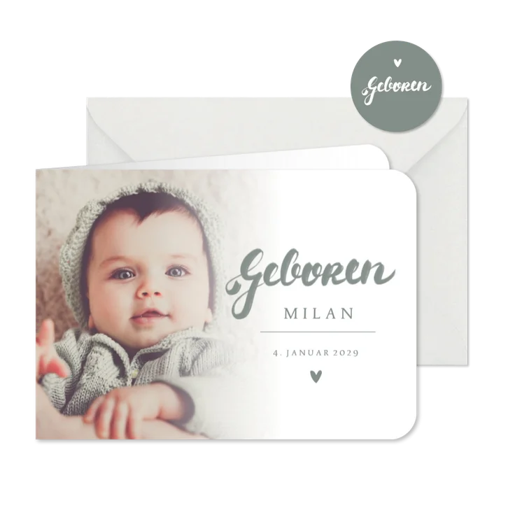 Geburtskarte graublaue Handschrift & Foto