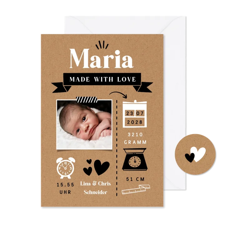 Geburtskarte Kraftlook mit kleinen Designelementen & Foto