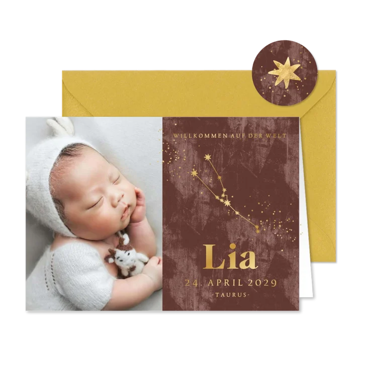 Geburtskarte mit Foto Sternzeichen Stier
