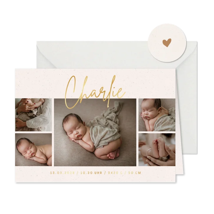 Geburtskarte mit Fotocollage & Name in Golddruck