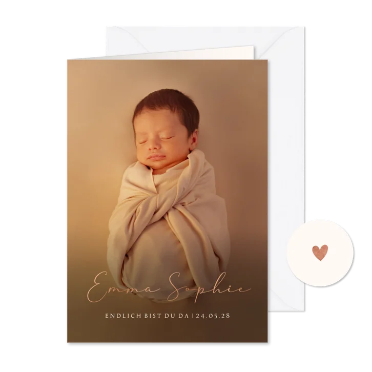 Geburtskarte mit großflächigem Foto & Name in Kupferdruck