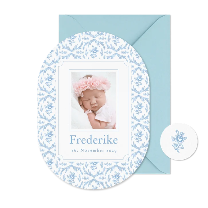 Geburtskarte Oval englische Rose in blau 