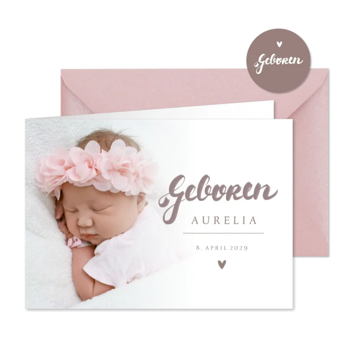 Geburtskarte rosébraune Handschrift & Foto