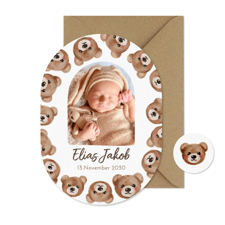 Geburtskarte Teddybären Foto Oval Aquarelloptik