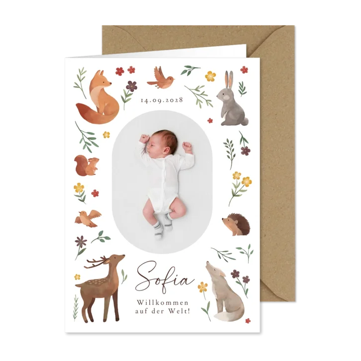 Geburtskarte Waldtiere & Foto
