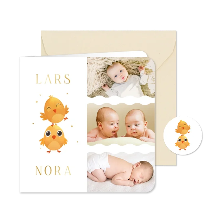 Geburtskarte Zwillinge Küken mit Fotocollage & Golddruck