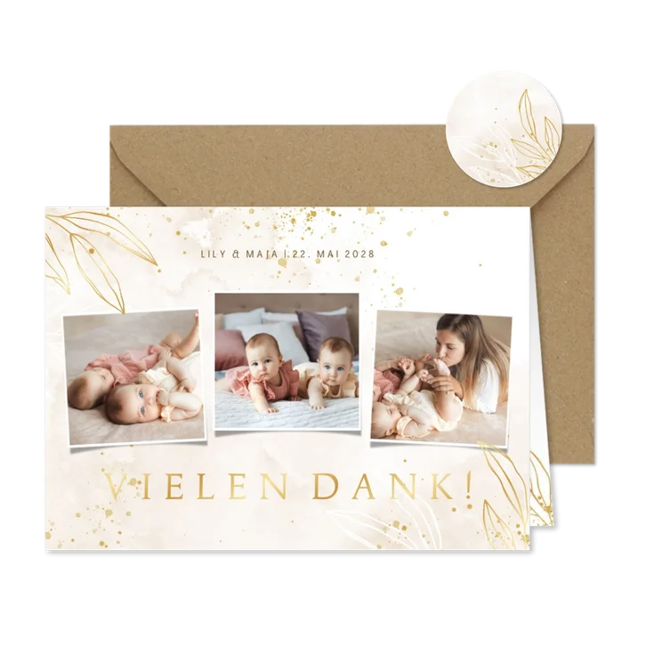 Geburtskarte Zwillinge Pünktchen, Zweige & Fotocollage