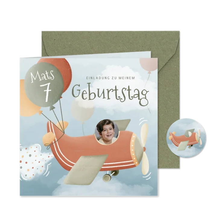 Geburtstagseinladung 7. Kindergeburtstag Flugzeug & Foto