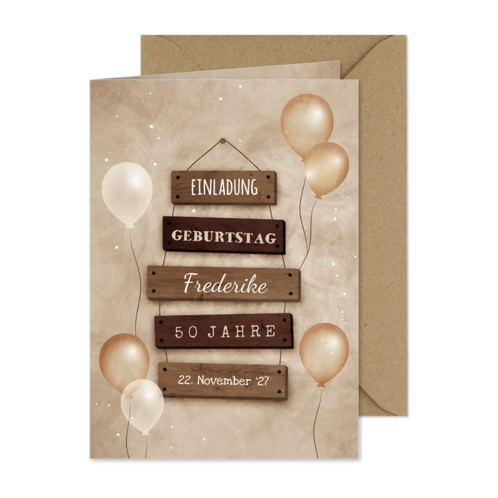 Geburtstagseinladung beige Schilder & Luftballons 