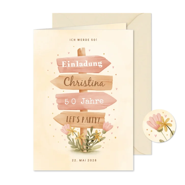 Geburtstagseinladung Blumen und Wegweiser