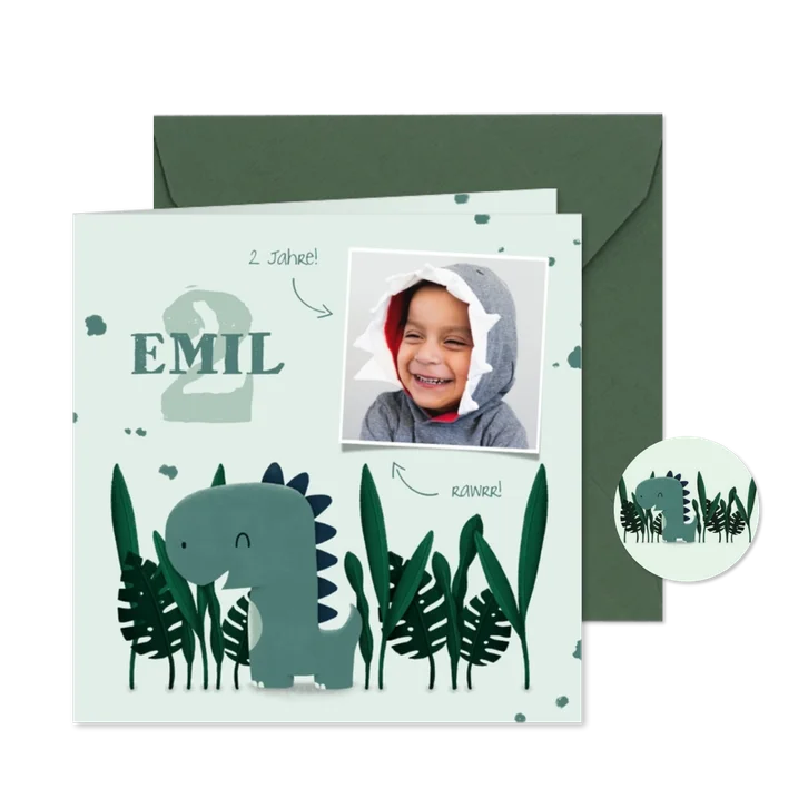 Geburtstagseinladung Dinosaurier-Junge mit Foto 2 Jahre