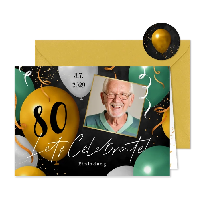 Geburtstagseinladung Foto & grüne Ballons