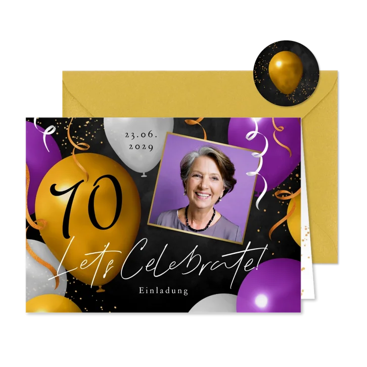 Geburtstagseinladung Foto & lila Ballons