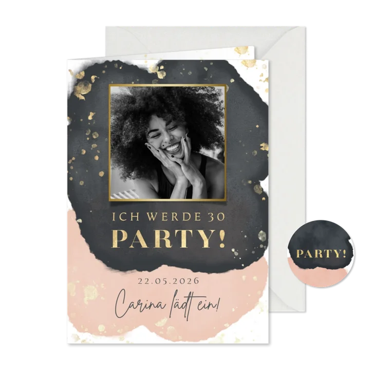 Geburtstagseinladung Foto Wasserfarbe grau & rosa