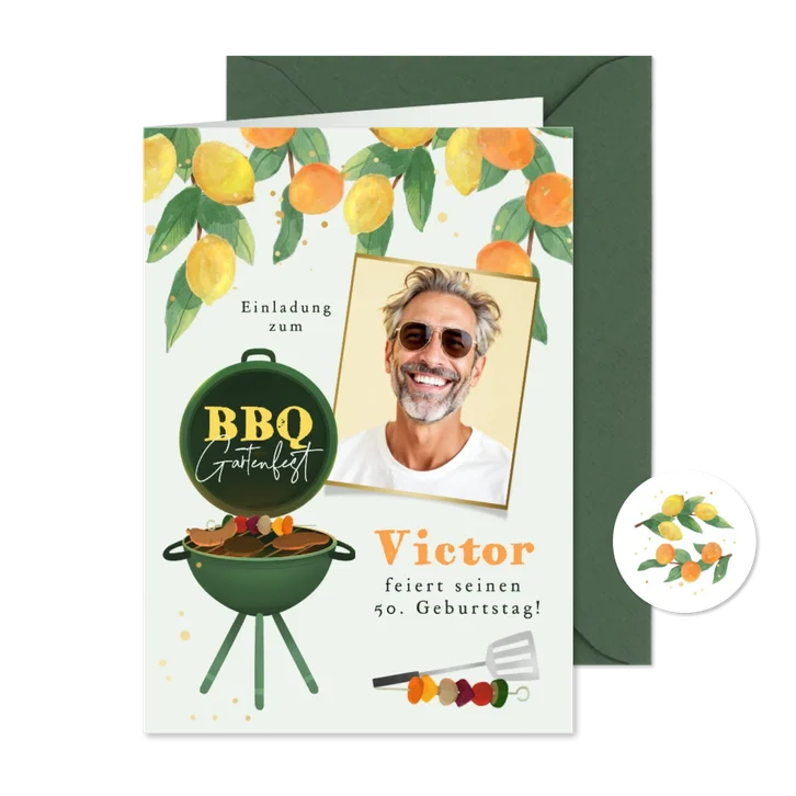Geburtstagseinladung mit Foto BBQ-Gartenfest Zitrusfrüchte