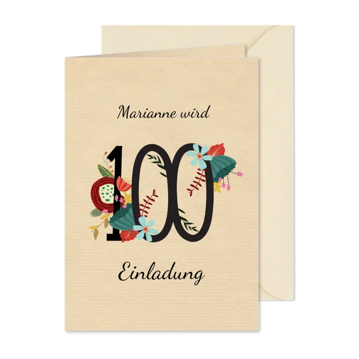 Geburtstagseinladung mit großer Blumenzahl 100