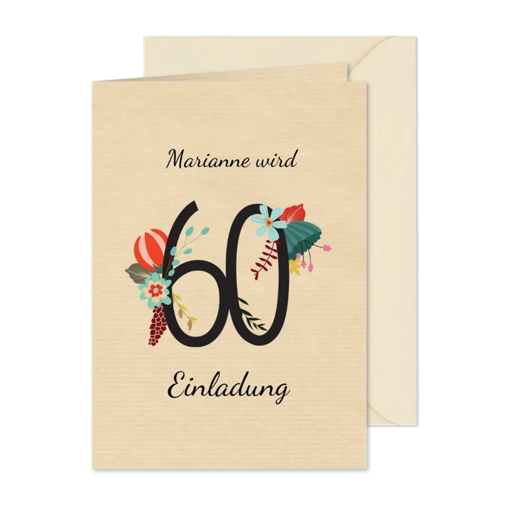 Geburtstagseinladung mit großer Blumenzahl 60