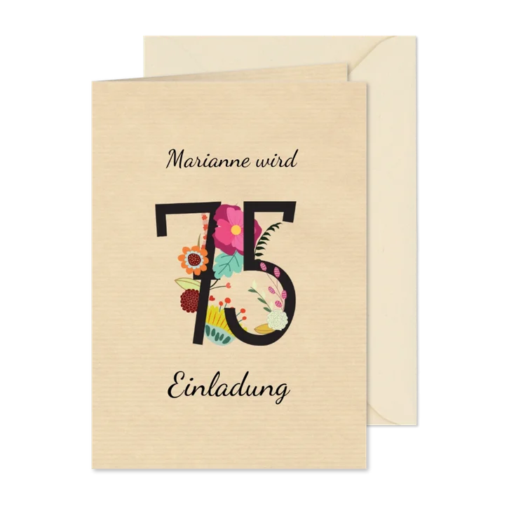 Geburtstagseinladung mit großer Blumenzahl 75