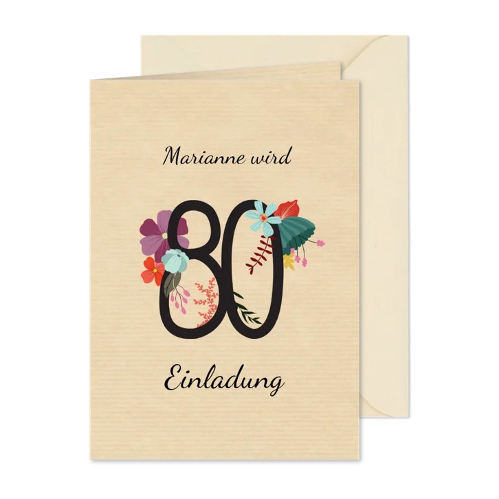 Geburtstagseinladung mit großer Blumenzahl 80