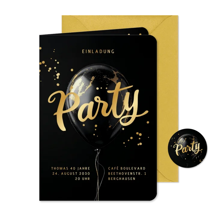 Geburtstagseinladung schwarzer Luftballon mit Gold