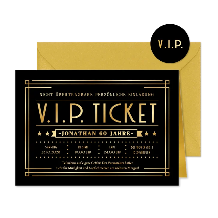Geburtstagseinladung VIp-Ticket gold