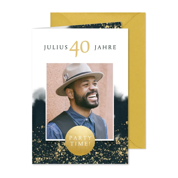 Geburtstagseinladung Wasserfarbe, Goldspritzer mit Foto