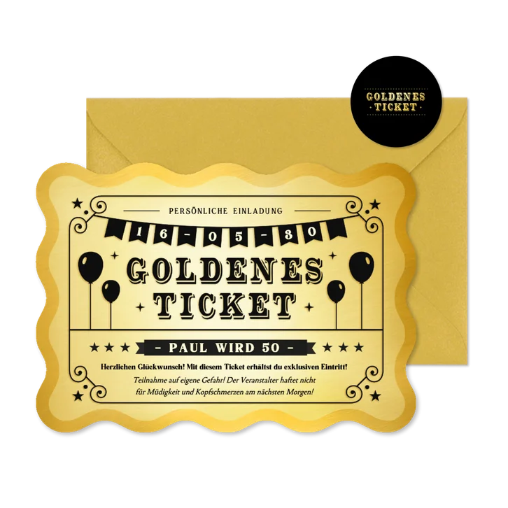Geburtstagseinladung Wellenform Goldenes Ticket 50 Jahre
