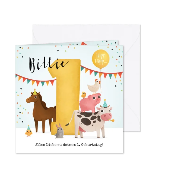 Geburtstagskarte 1. Geburtstag Große 1 und Tiere