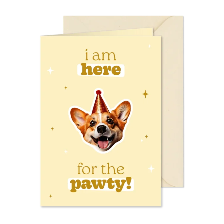 Geburtstagskarte 'I am here for the pawty' Corgi Partyhut
