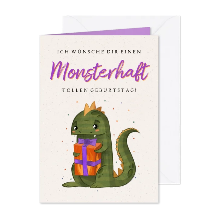 Geburtstagskarte kleiner Drache mit Geschenk