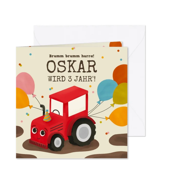 Geburtstagskarte lustiger Traktor mit Luftballons