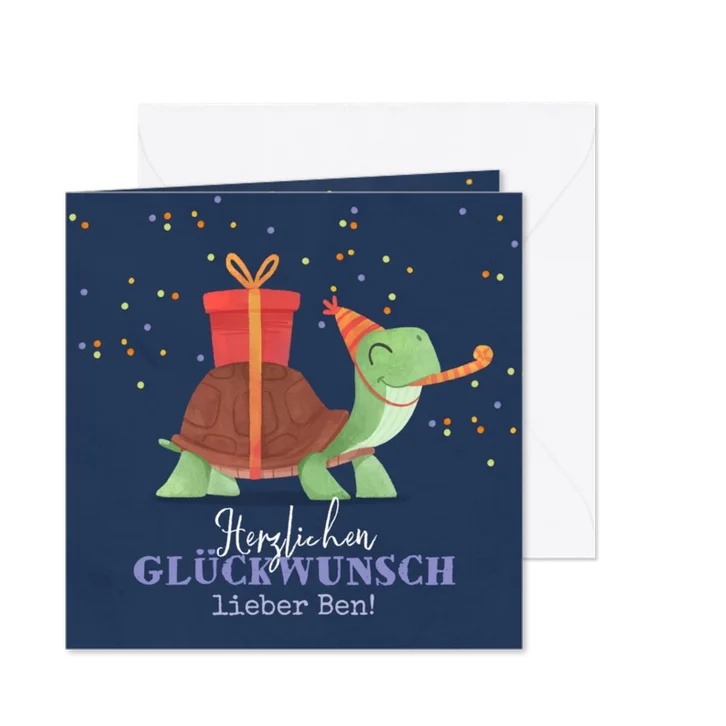 Geburtstagskarte Schildkröte mit Geschenk und Partyhut