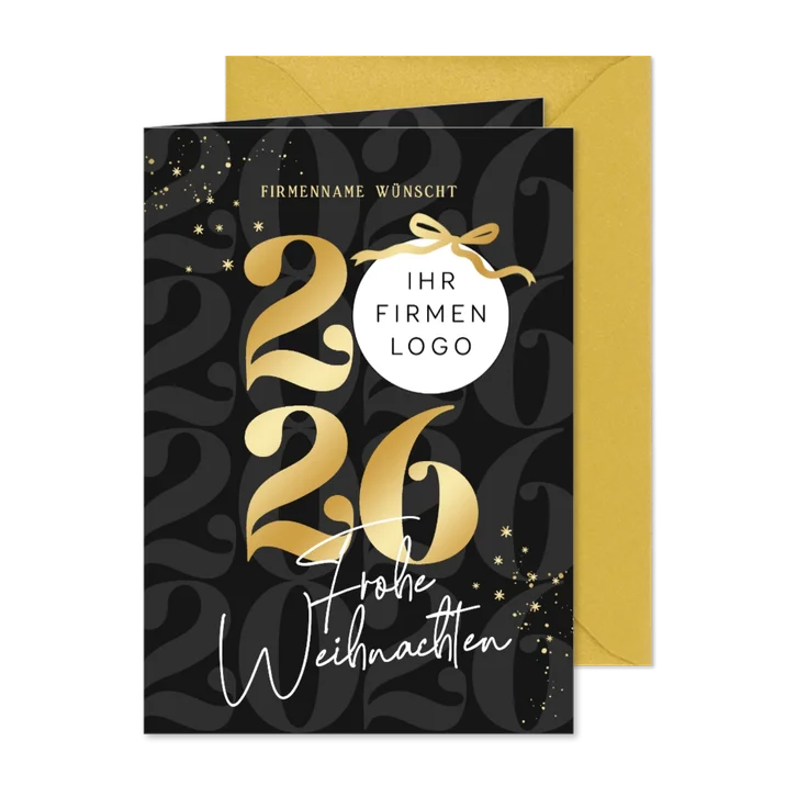 Geschäftliche Weihnachtskarte schwarz mit Goldschleife 2026