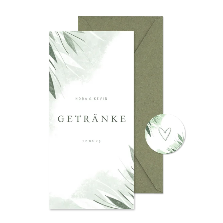 Getränkekarte Hochzeitsfeier zierliche Blätter