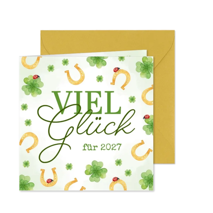 Glücksbringerkarte Neujahr Hufeisen & Klee
