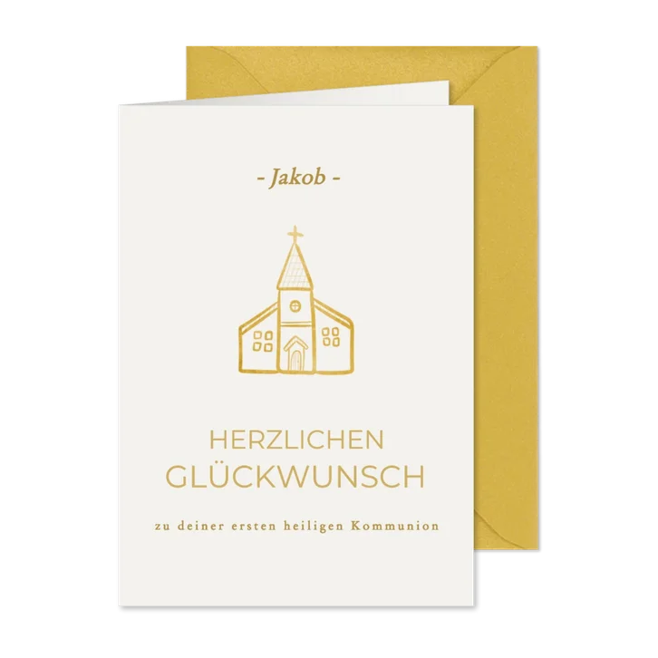 Glückwünschkarte goldene Kirche erste heilige Kommunion