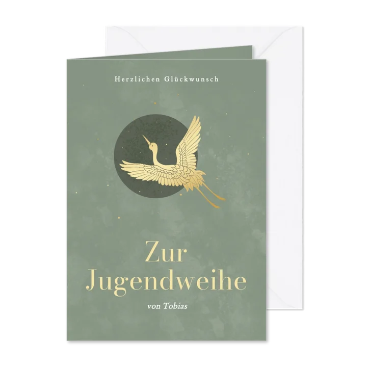 Glückwunschkarte Jugendweihe grün mit Kranich