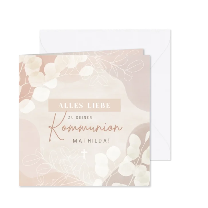 Glückwunschkarte Kommunion rosa Eukalyptus