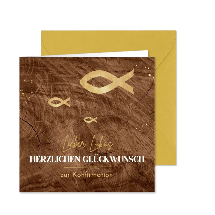 Glückwunschkarte Konfirmation Ichthys Holzoptik