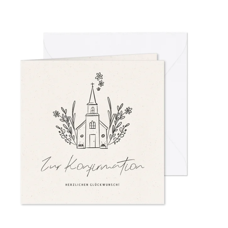 Glückwunschkarte Konfirmation Kirche mit Blumen