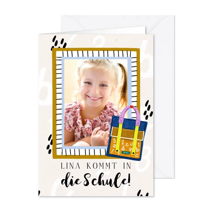 Glückwunschkarte zur Einschulung Schultasche & Foto