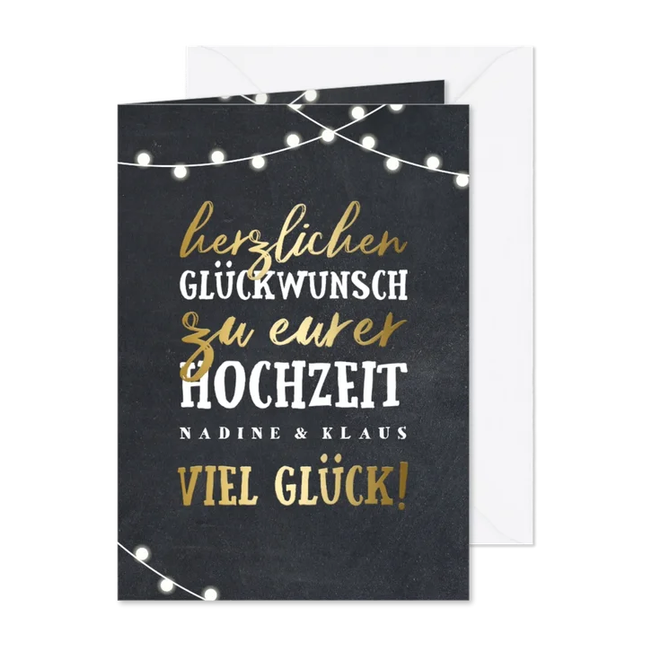 Glückwunschkarte zur Hochzeit Lichterkette und Typografie