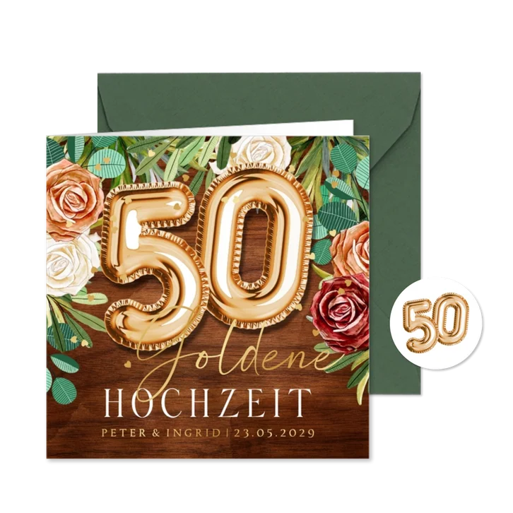 Goldene Hochzeit Einladung Rosen & Goldballons