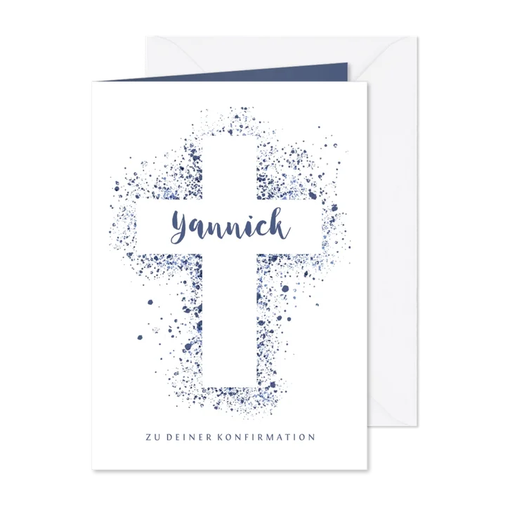 Gratulationskarte Konfirmation Kreuz blaue Spritzer