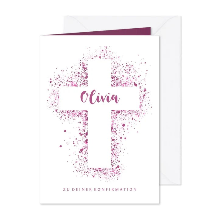 Gratulationskarte Konfirmation Kreuz Spritzer pink