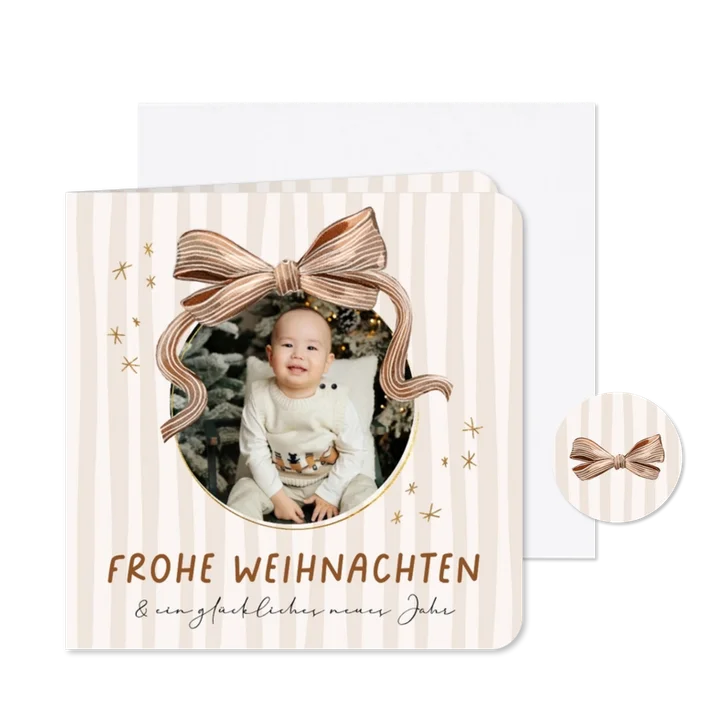 Grußkarte Weihnachten rundes Foto mit beider Schleife