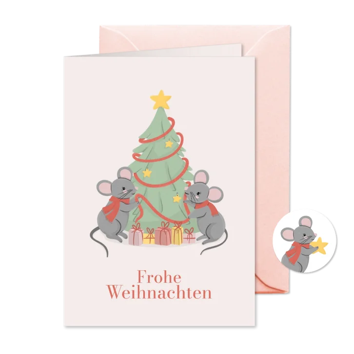 Grußkarte zu Weihnachten Mäuse mit Weihnachtsbaum