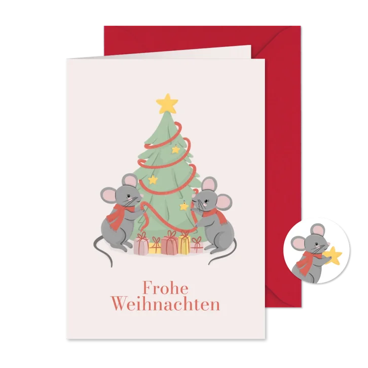 Grußkarte zu Weihnachten Mäuse mit Weihnachtsbaum